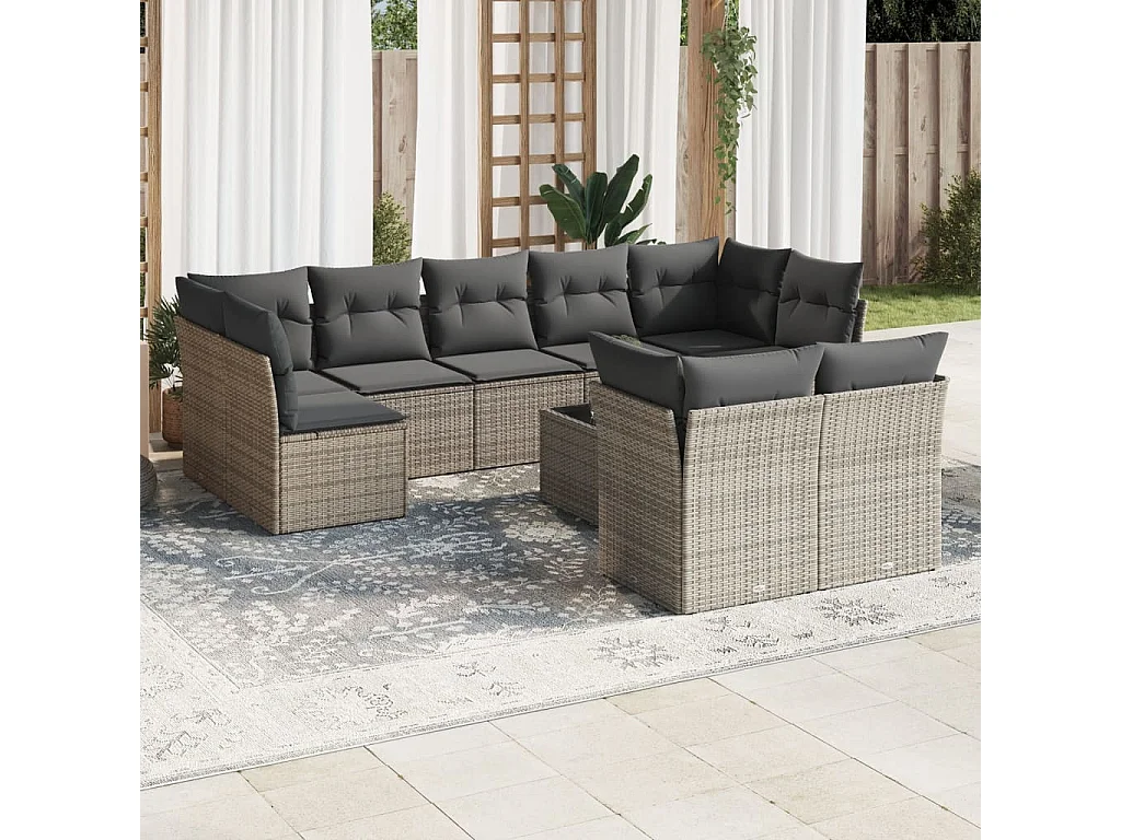 Salon de jardin avec coussins 10 pcs gris résine tressée