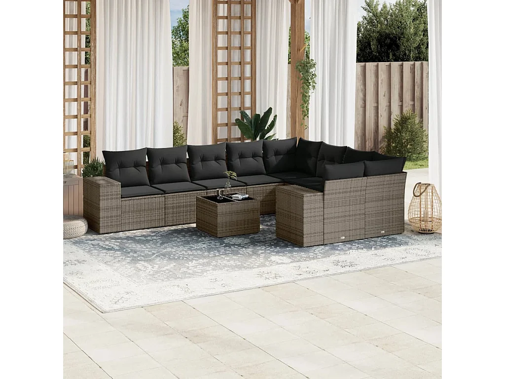 Salon de jardin avec coussins 10 pcs gris résine tressée