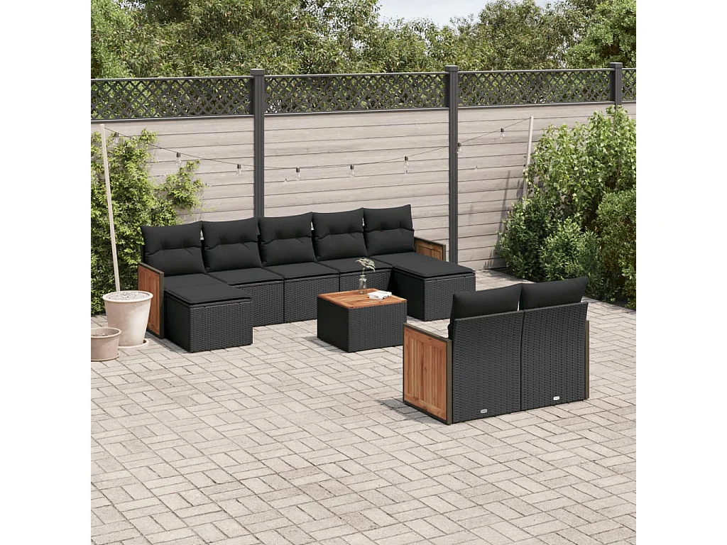 Salon de jardin 10 pcs avec coussins noir résine tressée