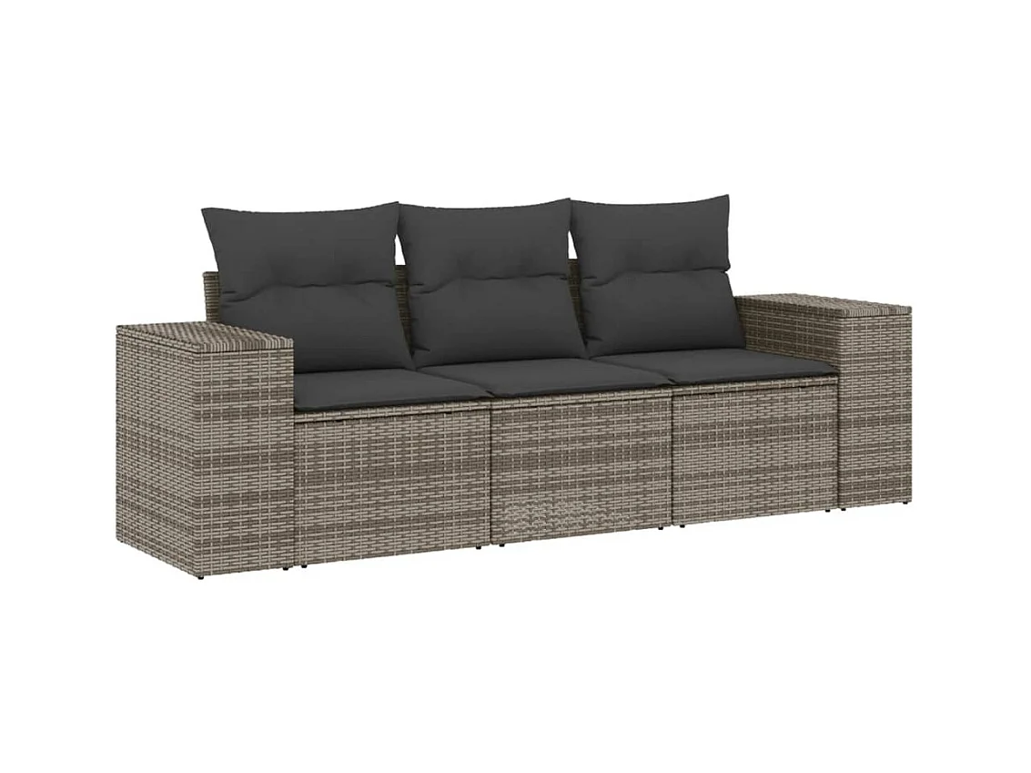 Salon de jardin avec coussins 3 pcs gris résine tressée