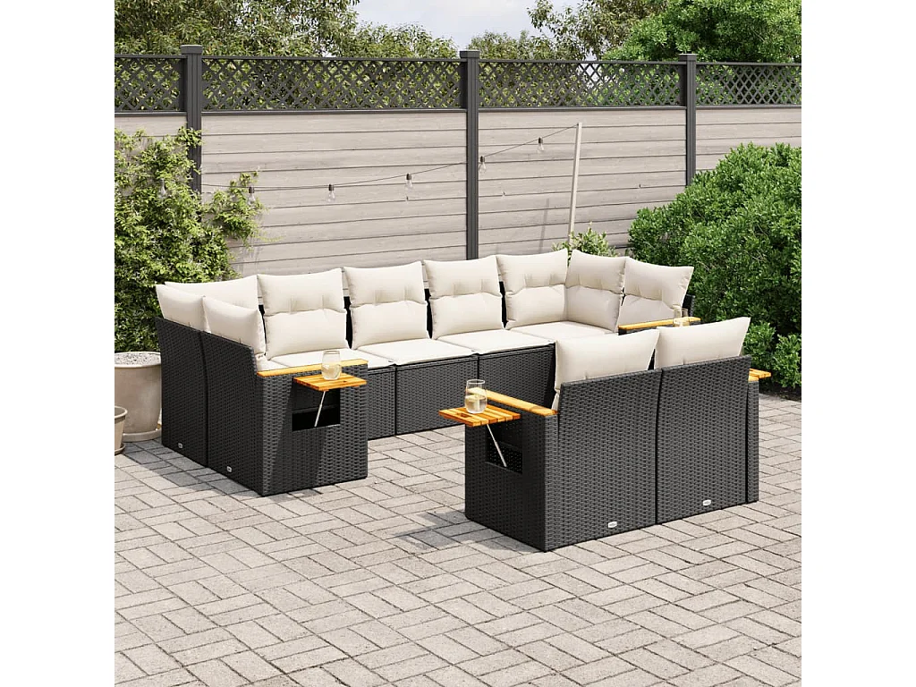 Salon de jardin 9 pcs avec coussins noir résine tressée