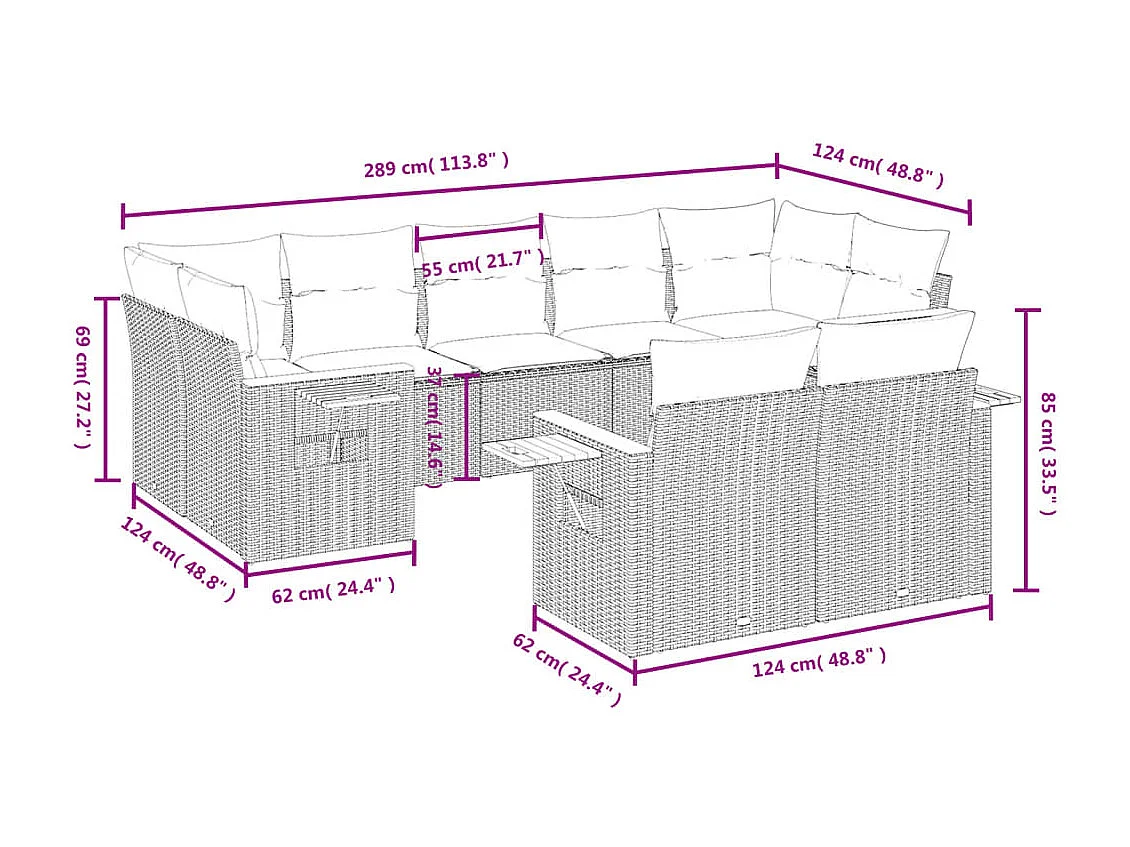 Salon de jardin 9 pcs avec coussins noir résine tressée