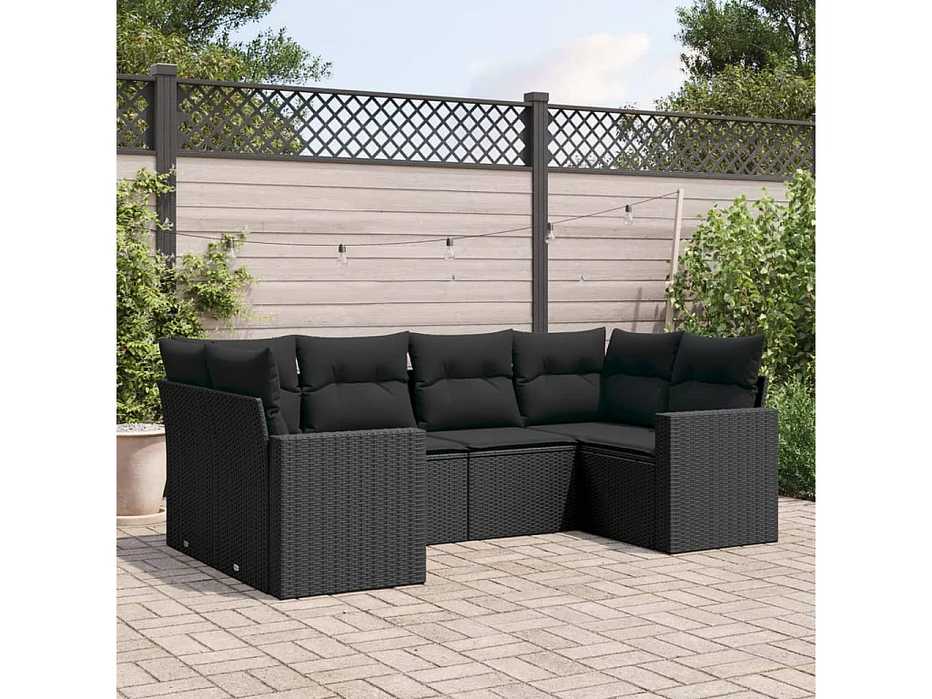 Salon de jardin 6 pcs avec coussins noir résine tressée