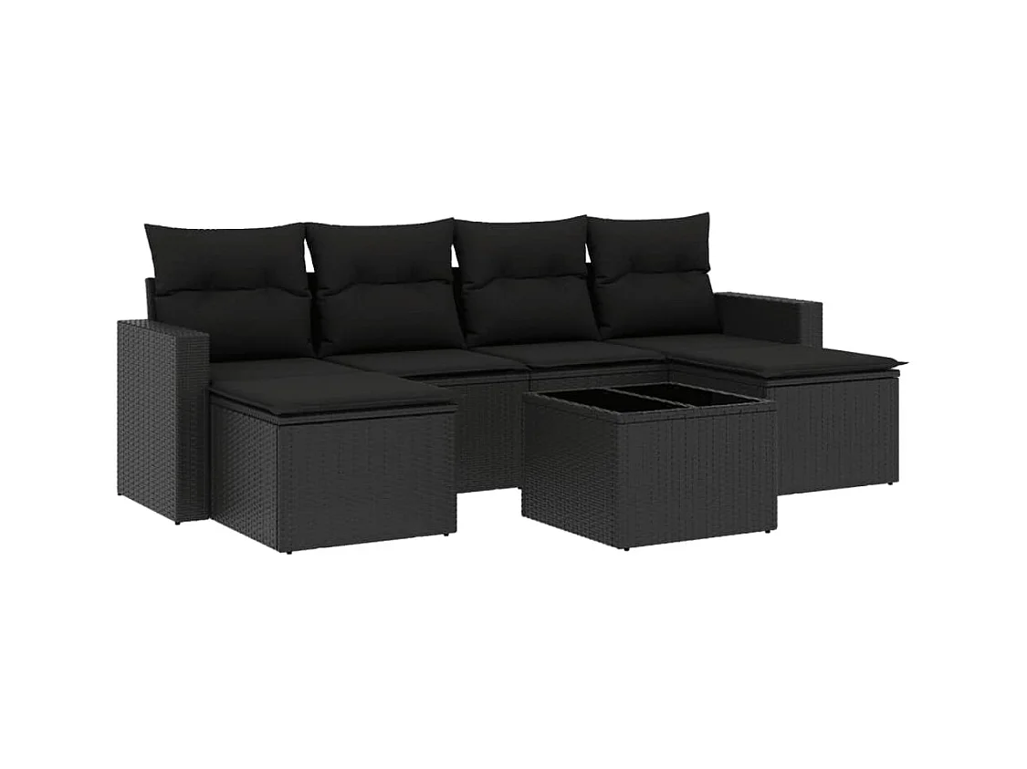 Salon de jardin 7 pcs avec coussins noir résine tressée