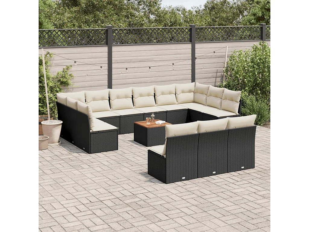 Salon de jardin avec coussins 14 pcs noir résine tressée