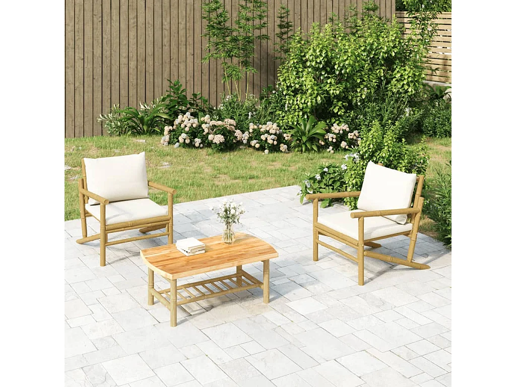 Salon de jardin 3 pcs avec coussins blanc crème bambou