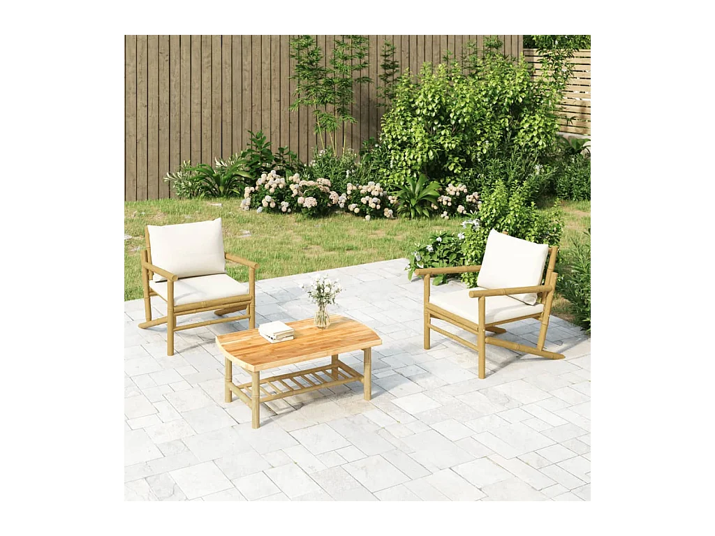 Salon de jardin 3 pcs avec coussins blanc crème bambou