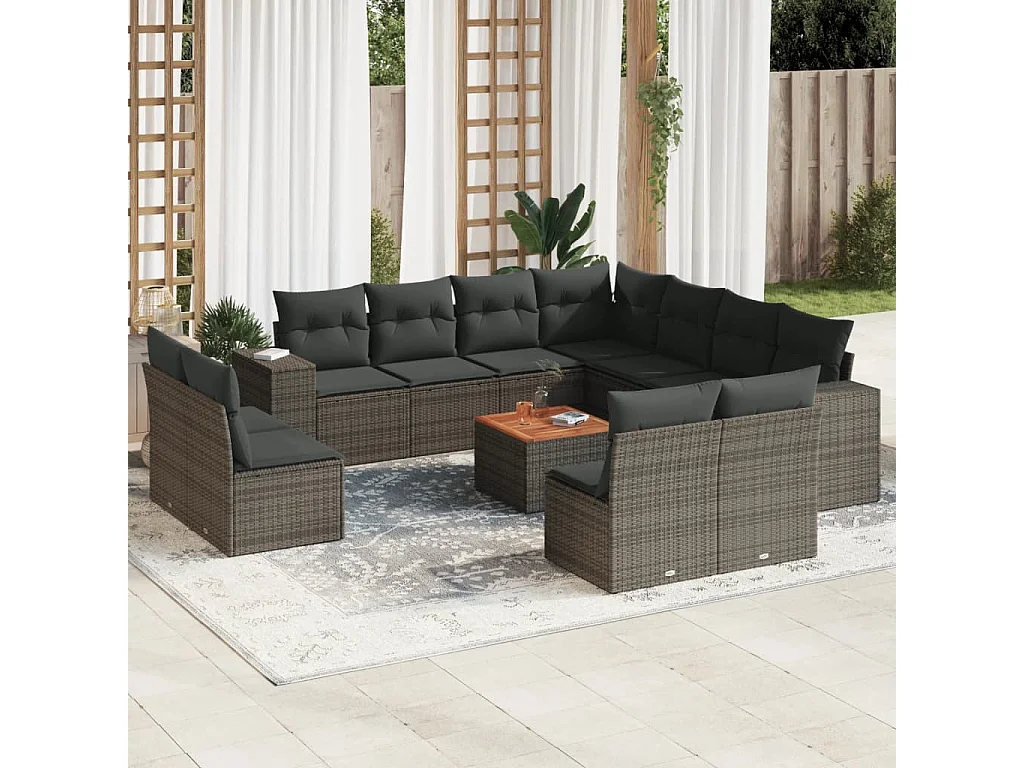 Salon de jardin avec coussins 12 pcs gris résine tressée
