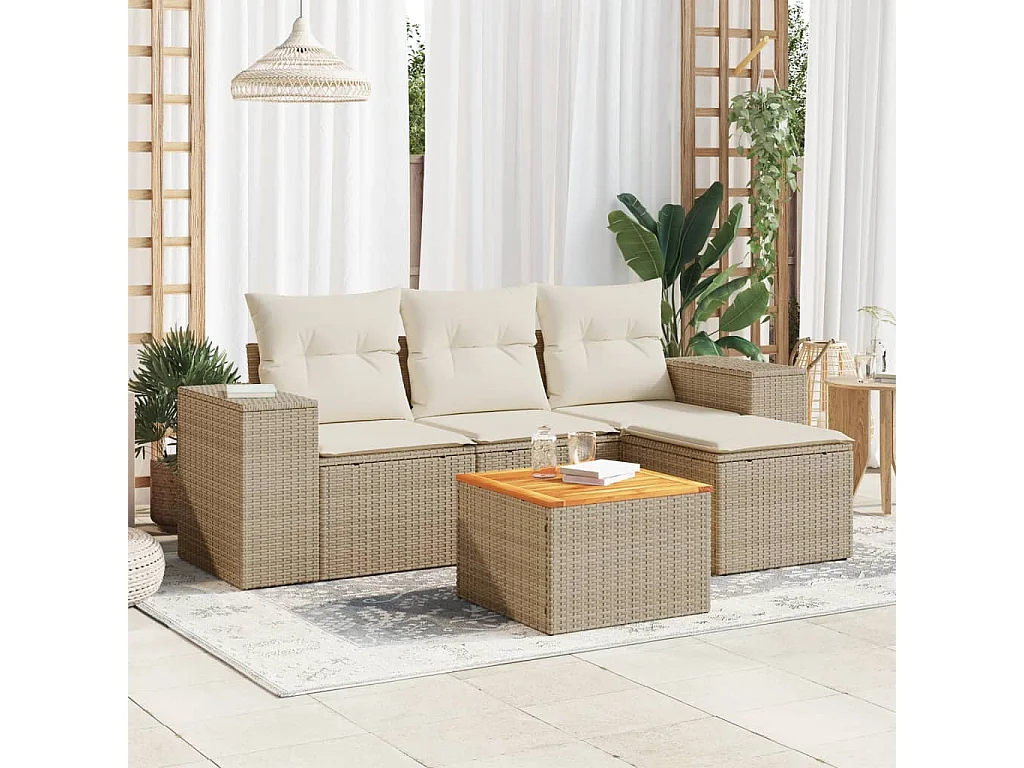 Salon de jardin avec coussins 5 pcs beige résine tressée