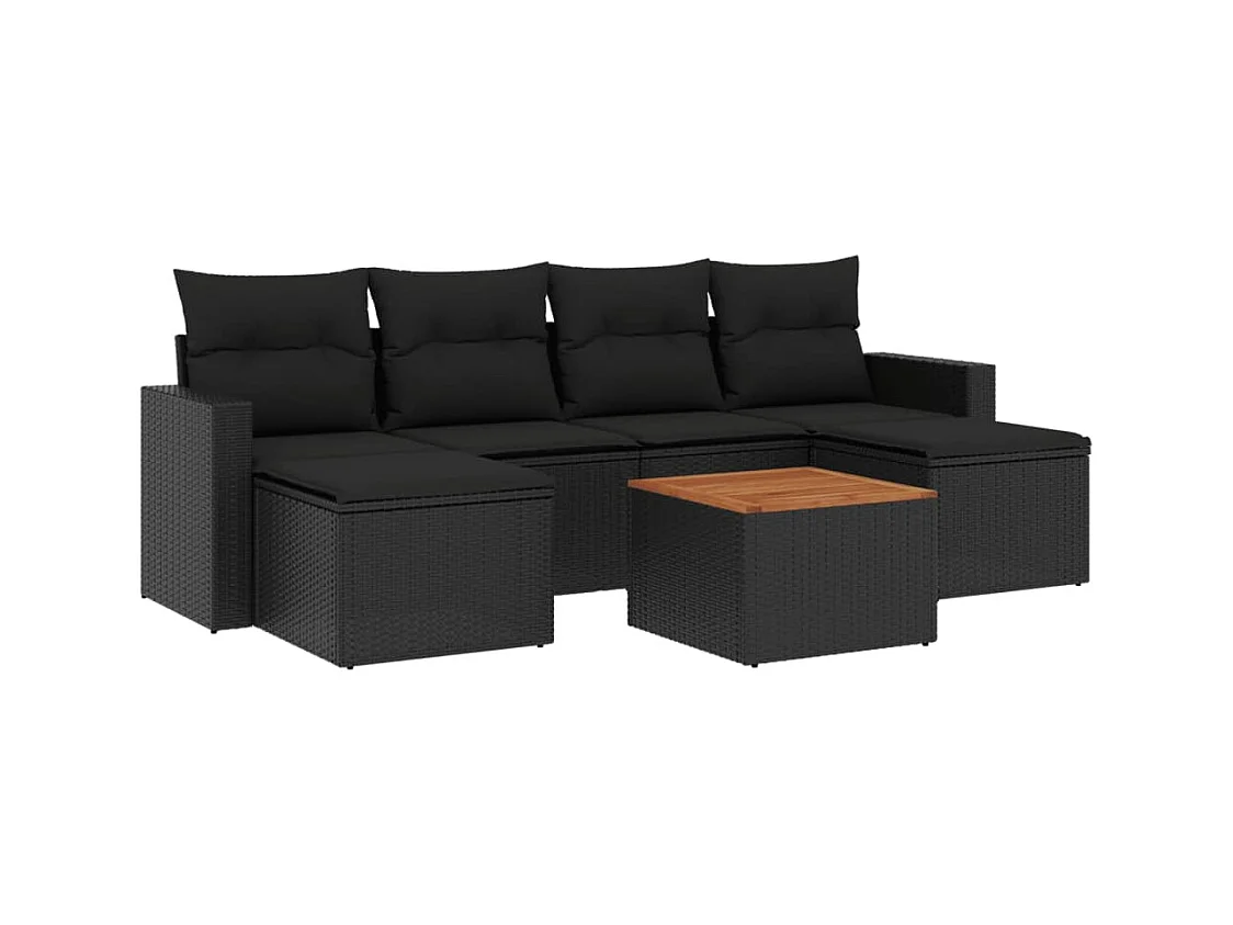 Salon de jardin 7 pcs avec coussins noir résine tressée