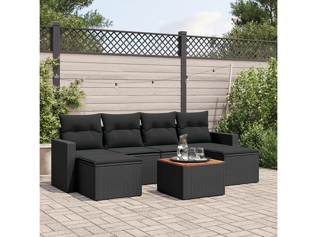 Salon de jardin 7 pcs avec coussins noir résine tressée