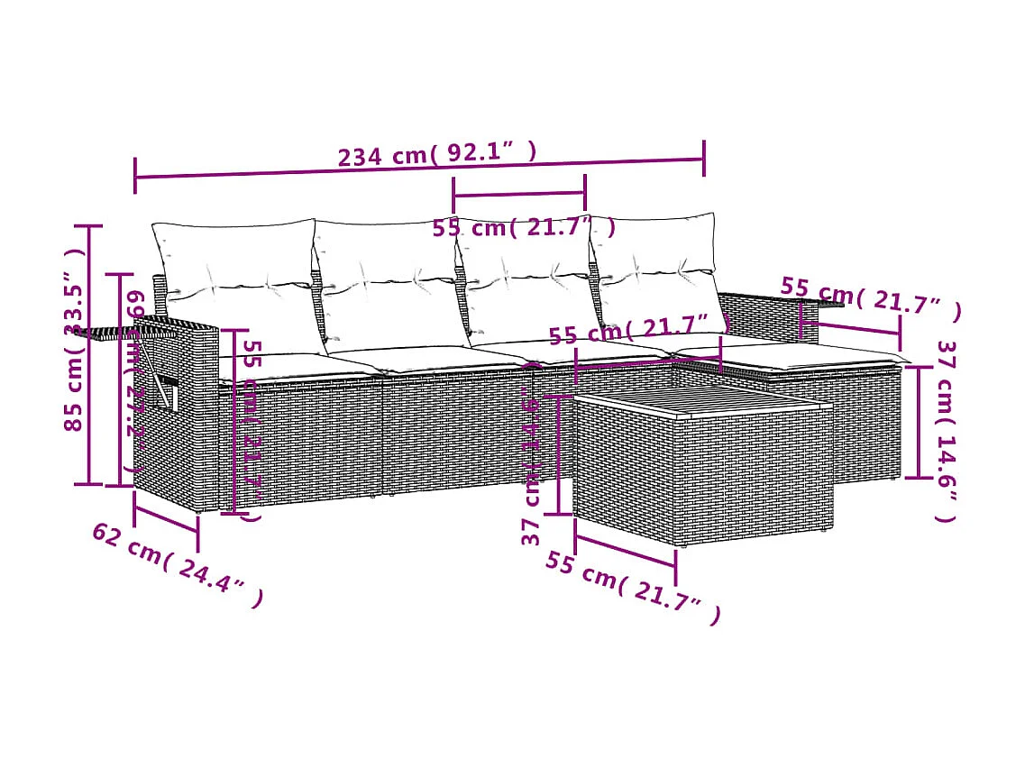 Salon de jardin 6 pcs avec coussins noir résine tressée