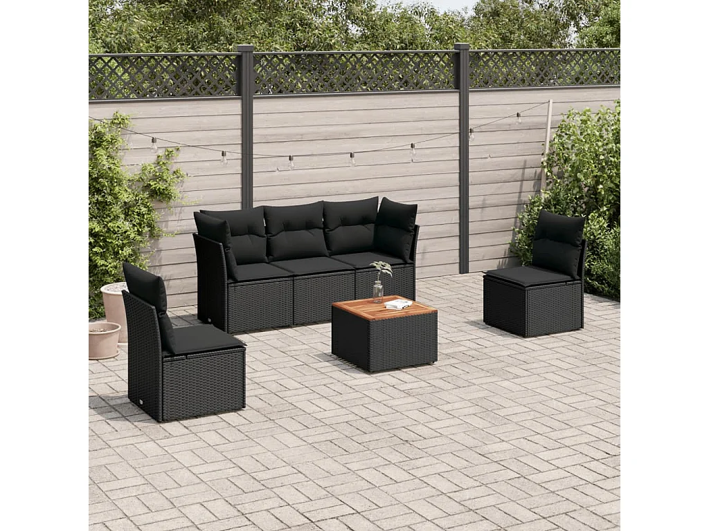 Salon de jardin 6 pcs avec coussins noir résine tressée