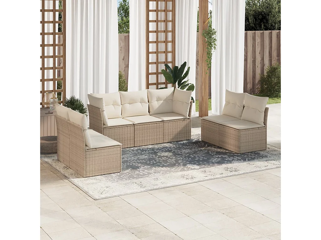 Salon de jardin avec coussins 7 pcs beige résine tressée