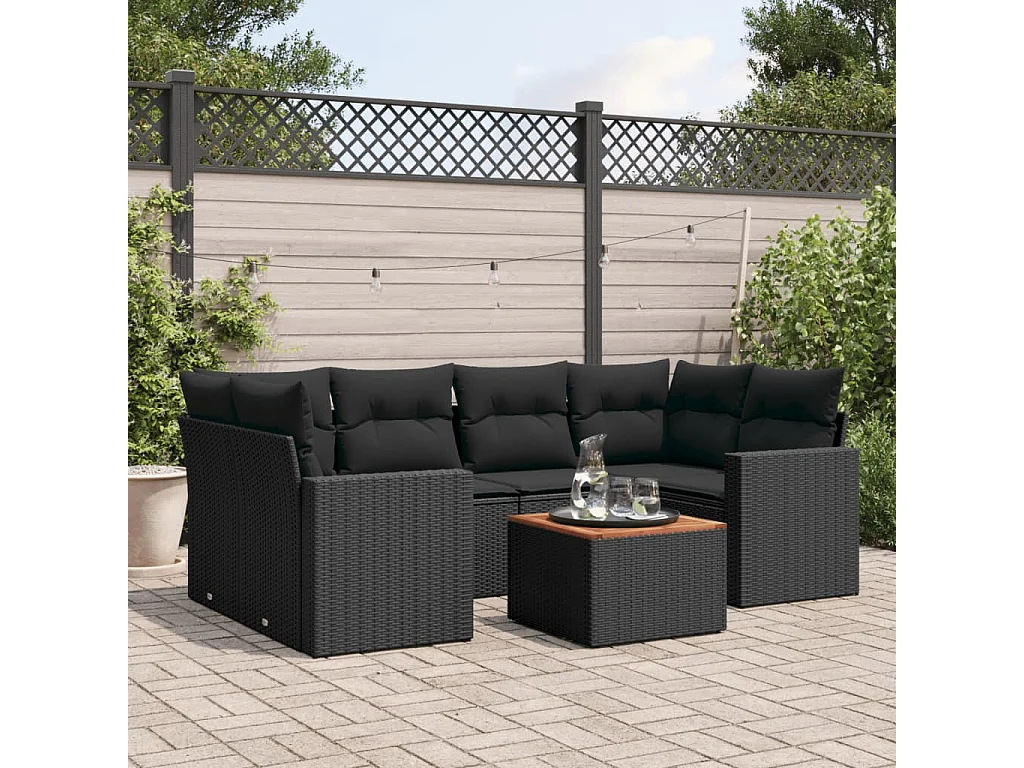 Salon de jardin 7 pcs avec coussins noir résine tressée