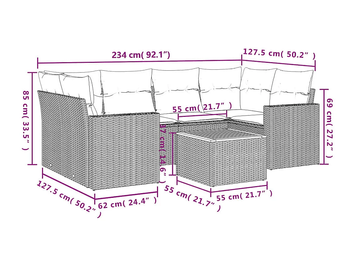 Salon de jardin 7 pcs avec coussins noir résine tressée