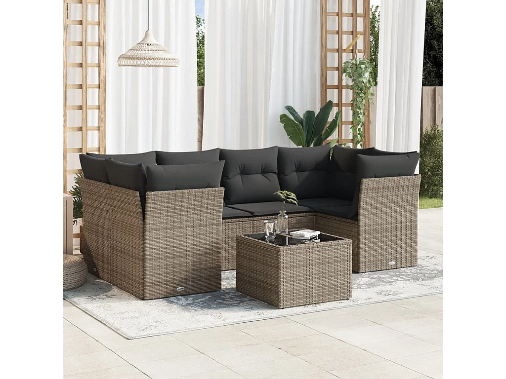 Salon de jardin avec coussins 7 pcs gris résine tressée