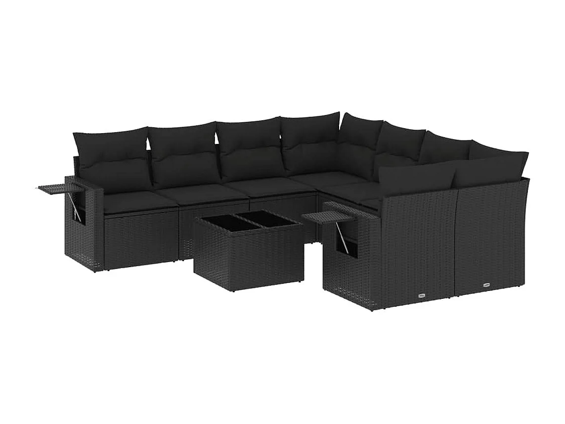 Salon de jardin 9 pcs avec coussins noir résine tressée