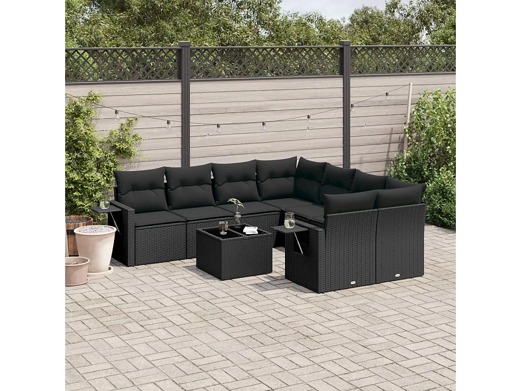 Salon de jardin 9 pcs avec coussins noir résine tressée