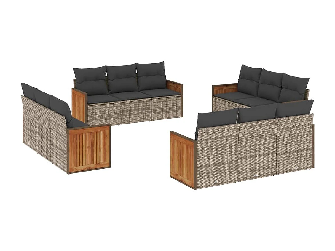 Salon de jardin avec coussins 12 pcs gris résine tressée