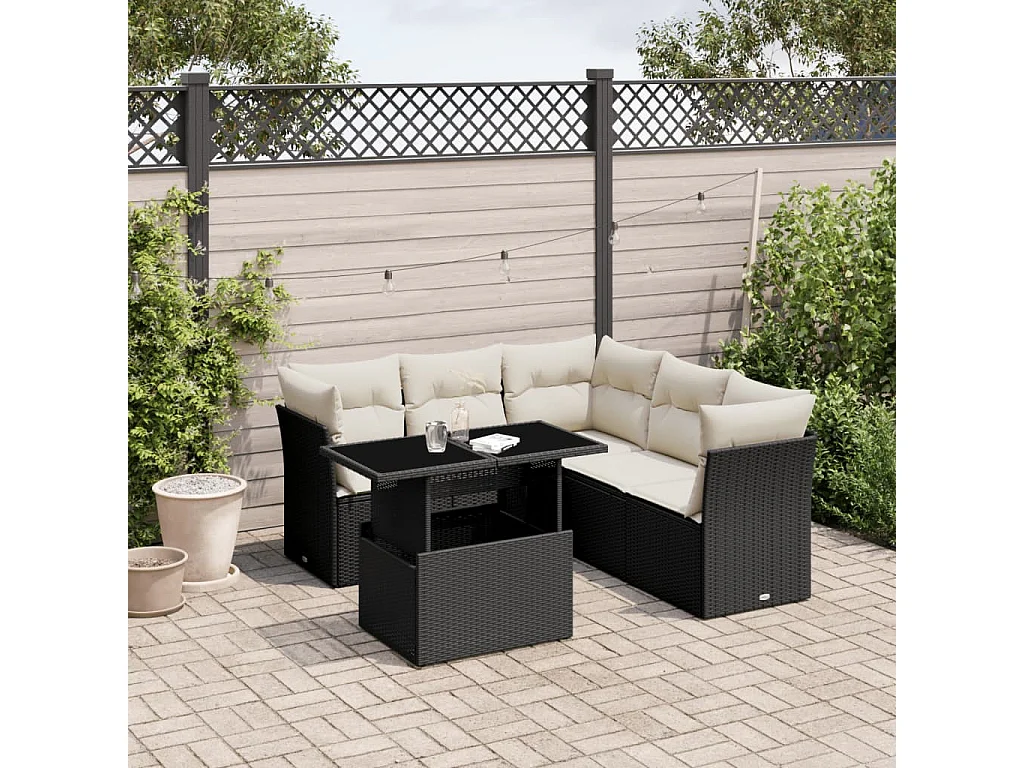 Salon de jardin 6 pcs avec coussins noir résine tressée