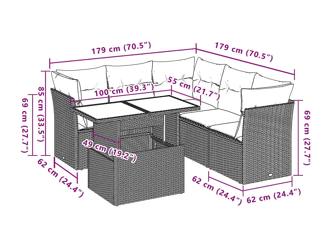 Salon de jardin 6 pcs avec coussins noir résine tressée