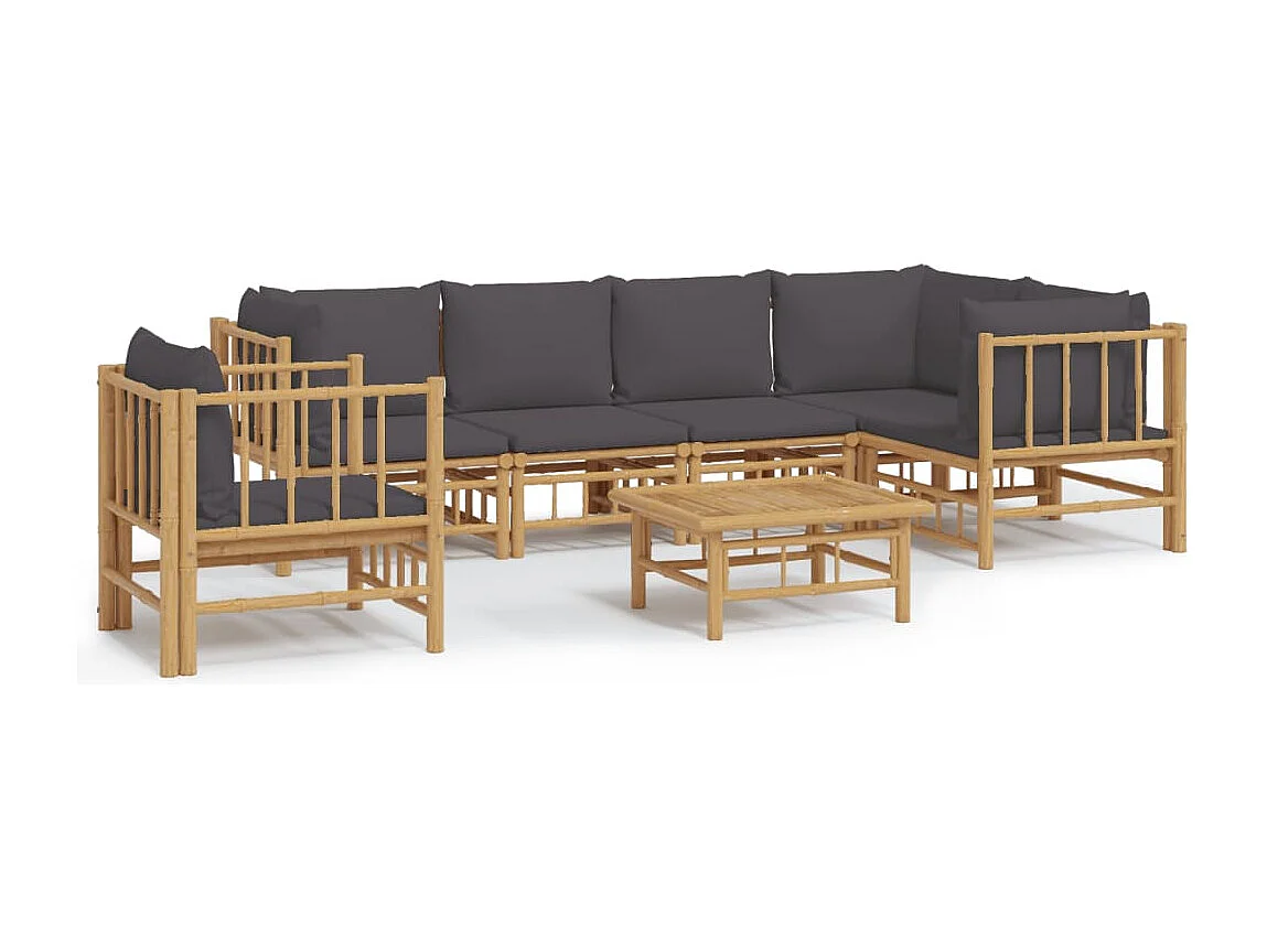 Salon de jardin 7 pcs avec coussins gris foncé bambou