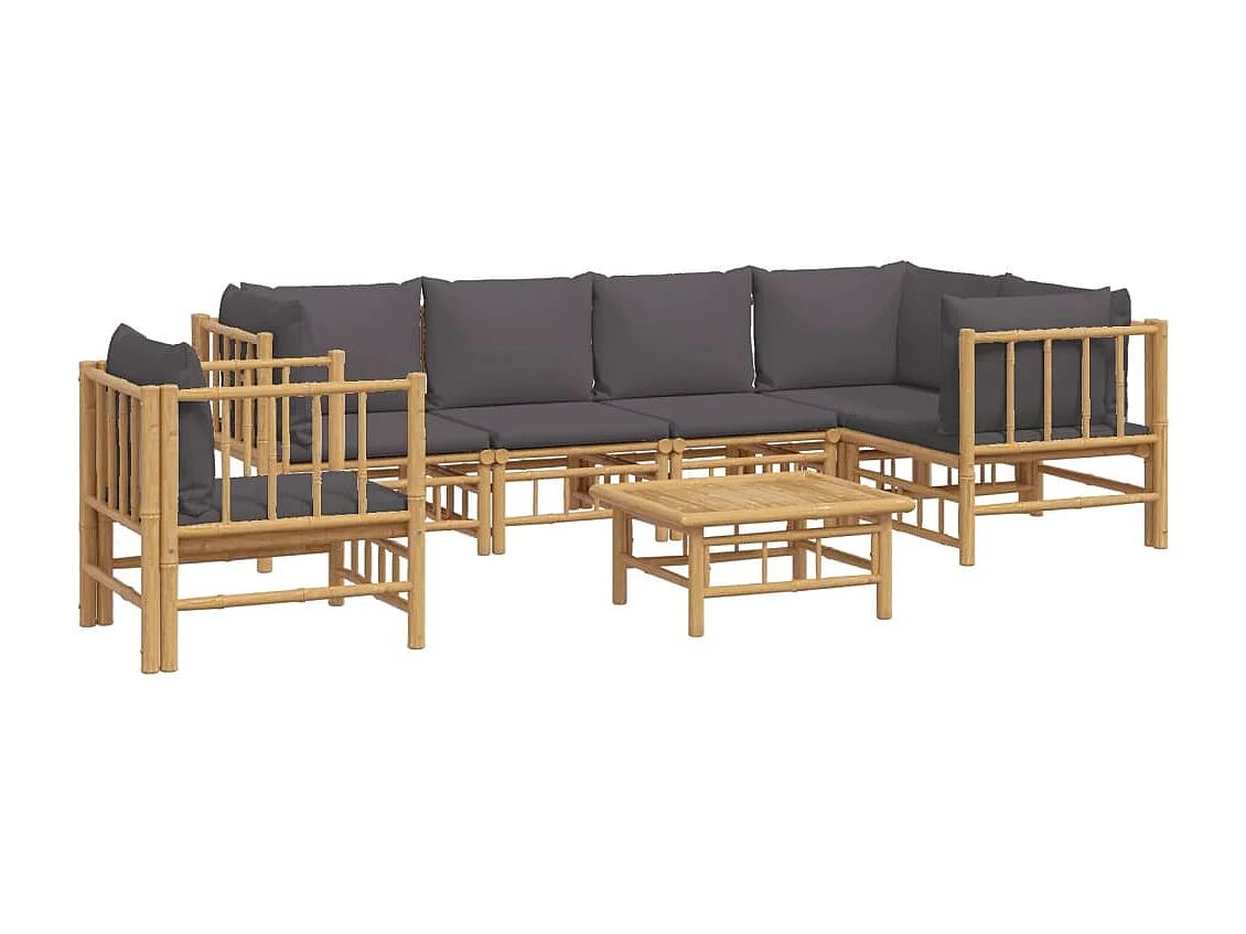 Salon de jardin 7 pcs avec coussins gris foncé bambou