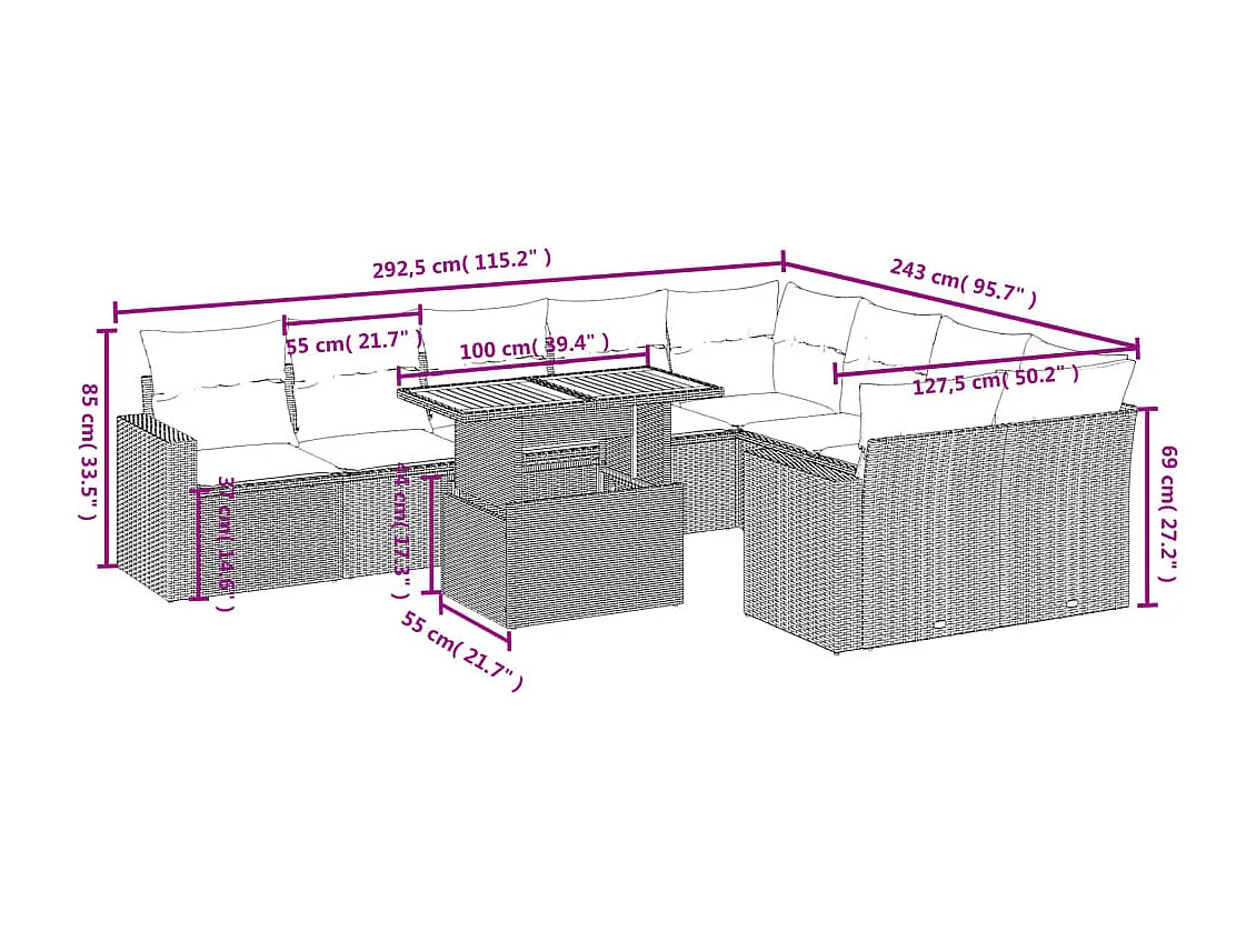 Salon de jardin 10 pcs avec coussins noir résine tressée