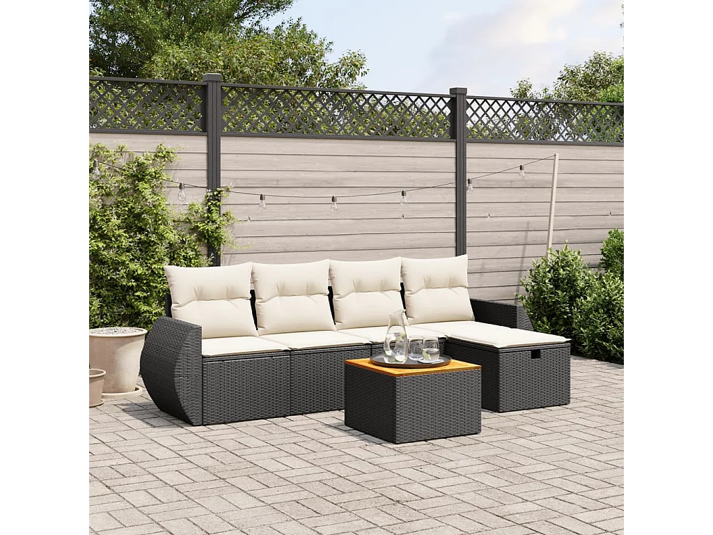 Salon de jardin 6 pcs avec coussins noir résine tressée