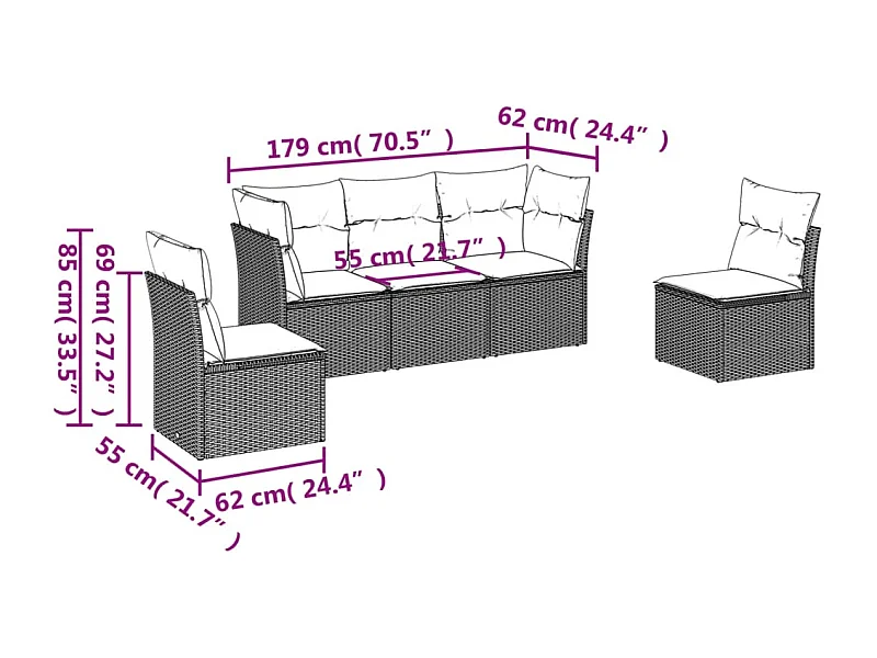 Salon de jardin 5 pcs avec coussins gris résine tressée