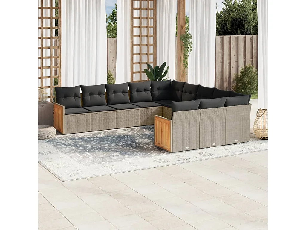 Salon de jardin 11 pcs avec coussins gris résine tressée