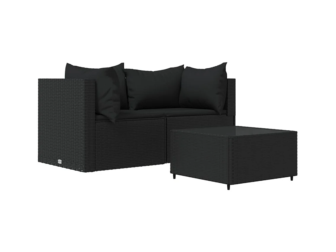 Salon de jardin 3 pcs avec coussins Noir Résine tressée