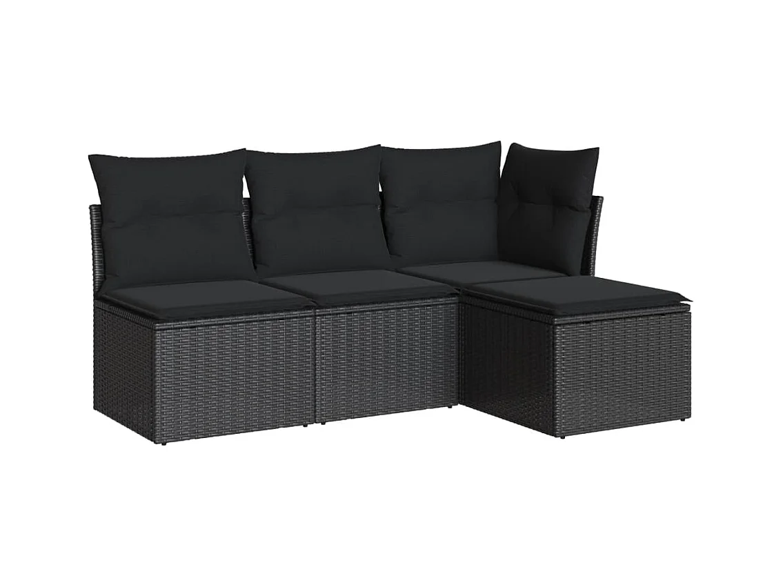 Salon de jardin 4 pcs avec coussins noir résine tressée