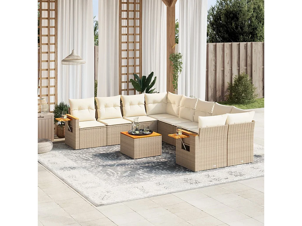 Salon de jardin avec coussins 9 pcs beige résine tressée