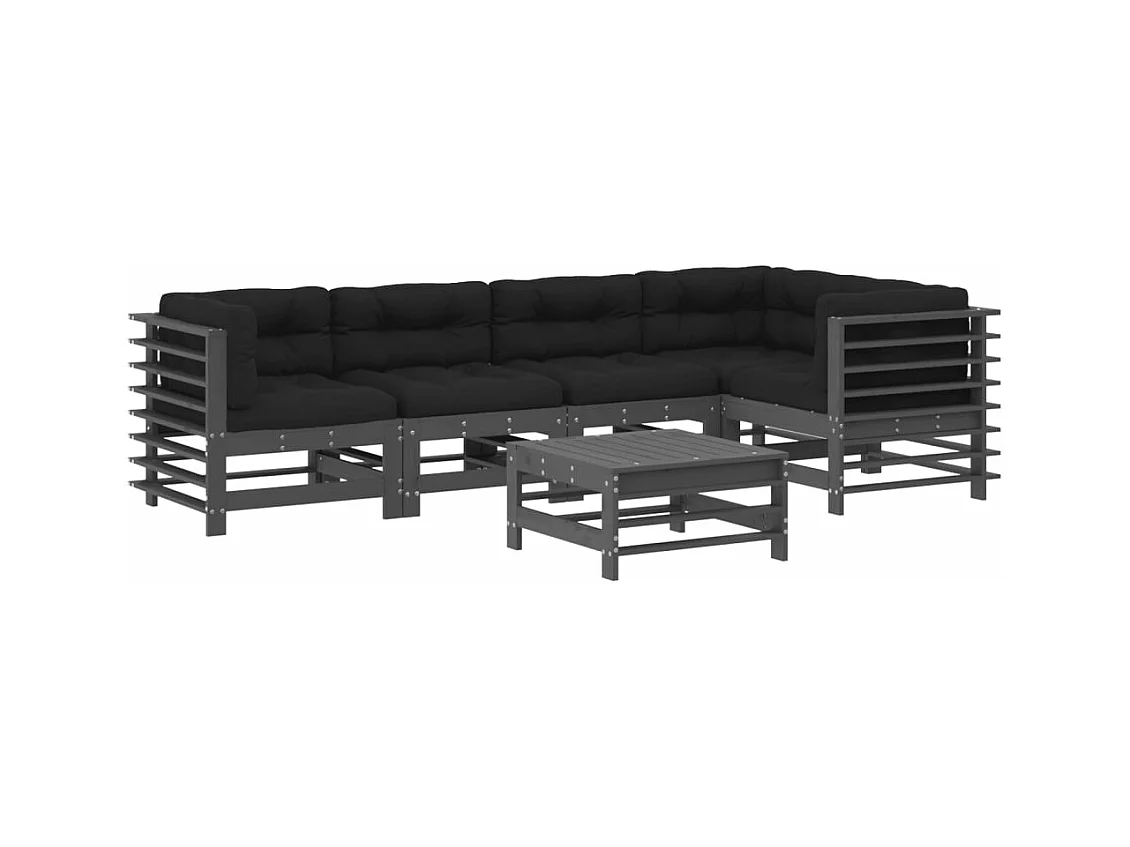 Salon de jardin 6 pcs avec coussins gris bois massif