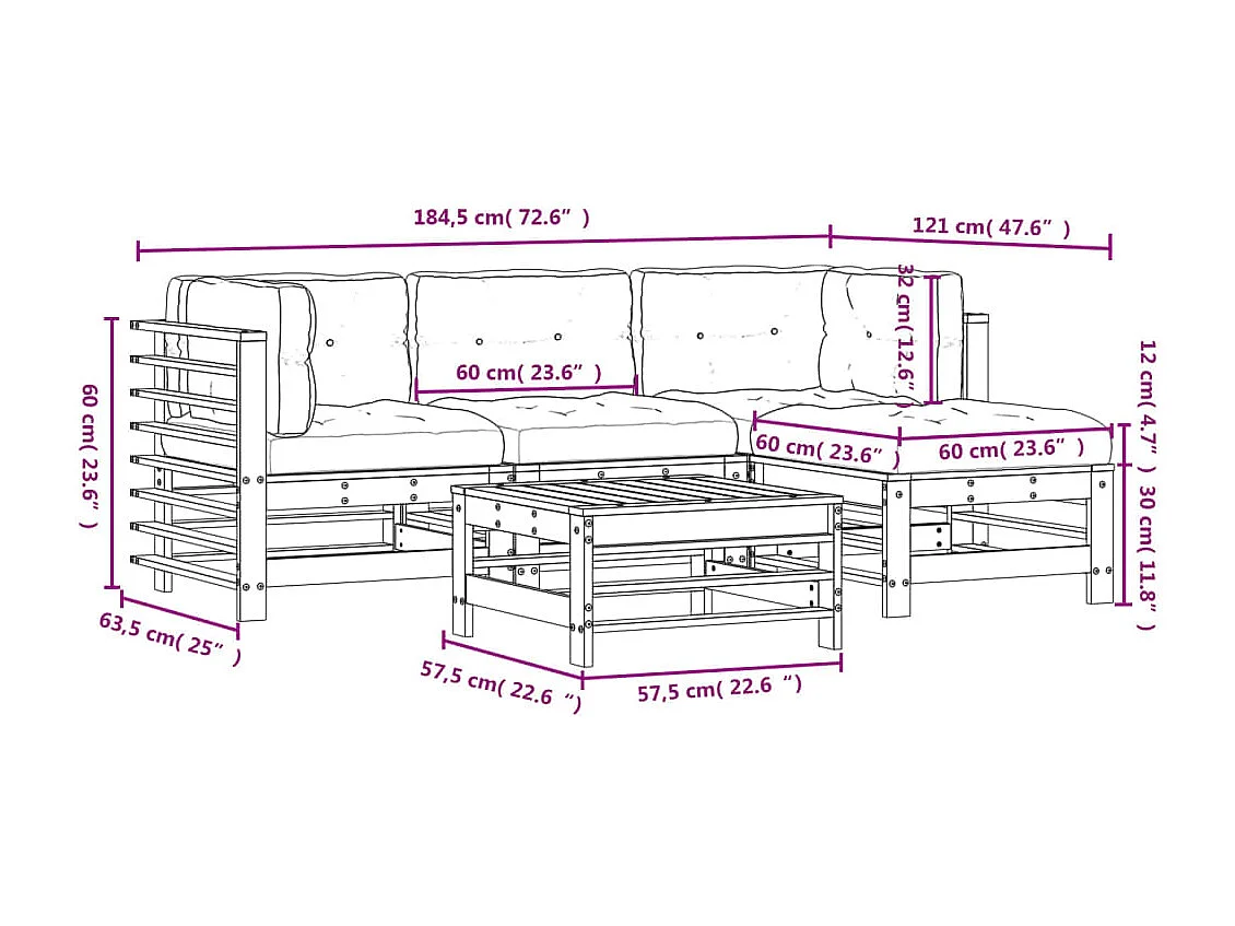 Salon de jardin 5 pcs avec coussins bois massif