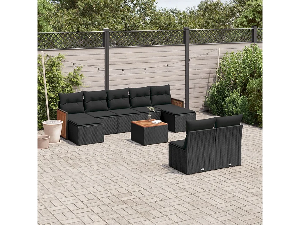 Salon de jardin 10 pcs avec coussins noir résine tressée
