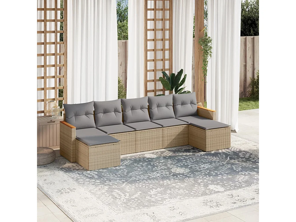 Salon de jardin avec coussins 7 pcs beige résine tressée
