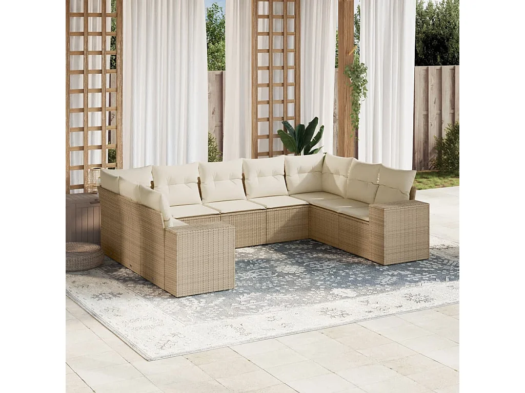 Salon de jardin avec coussins 9 pcs beige résine tressée