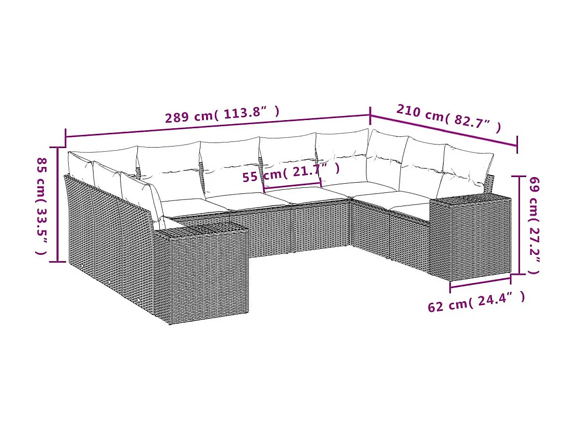 Salon de jardin avec coussins 9 pcs beige résine tressée