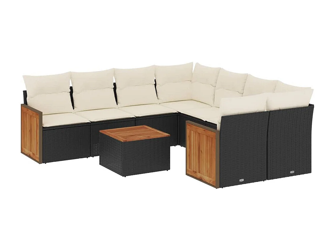 Salon de jardin 9 pcs avec coussins noir résine tressée