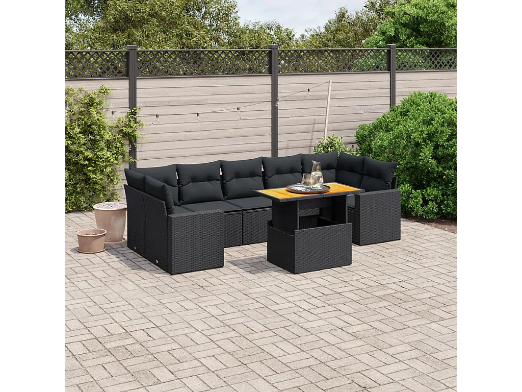 Salon de jardin 8 pcs avec coussins noir résine tressée
