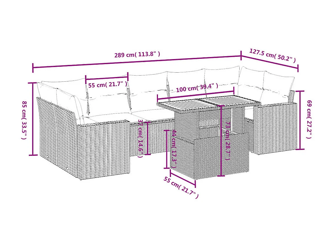Salon de jardin 8 pcs avec coussins noir résine tressée