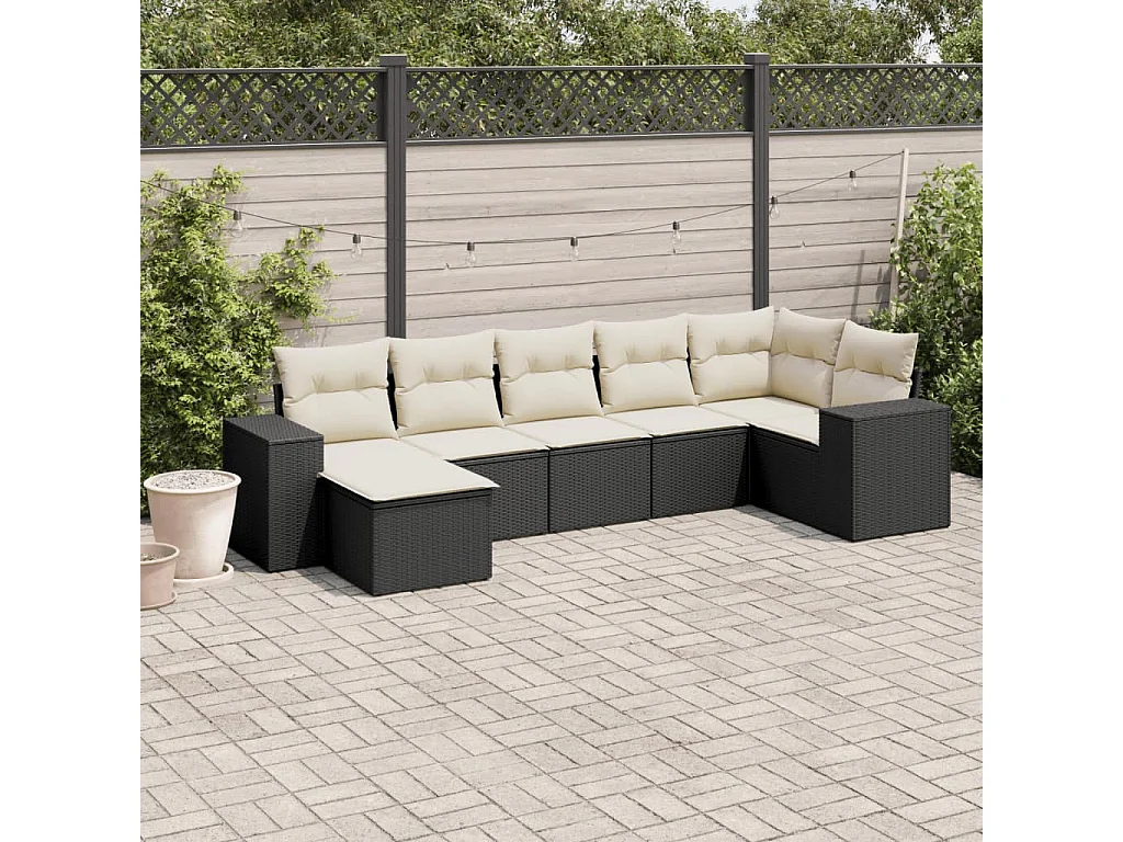 Salon de jardin 7 pcs avec coussins noir résine tressée