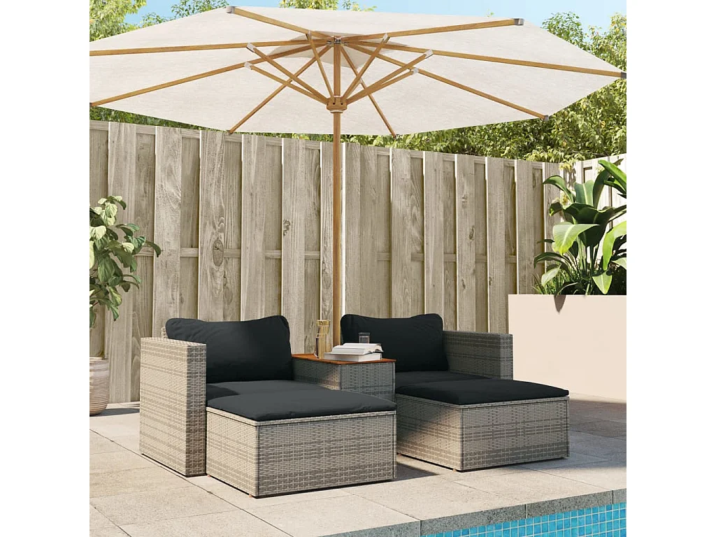 Salon de jardin 5 pcs avec coussins gris résine tressée acacia