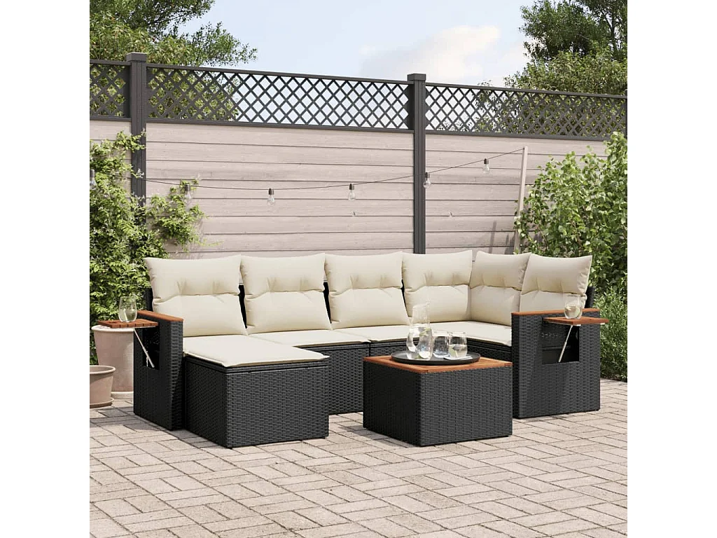 Salon de jardin 7 pcs avec coussins noir résine tressée