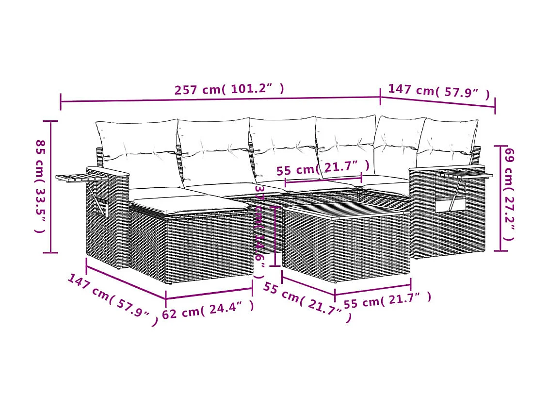 Salon de jardin 7 pcs avec coussins noir résine tressée