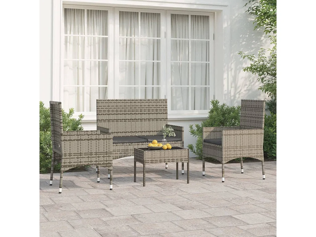 Salon de jardin 4 pcs avec coussins Gris Résine tressée