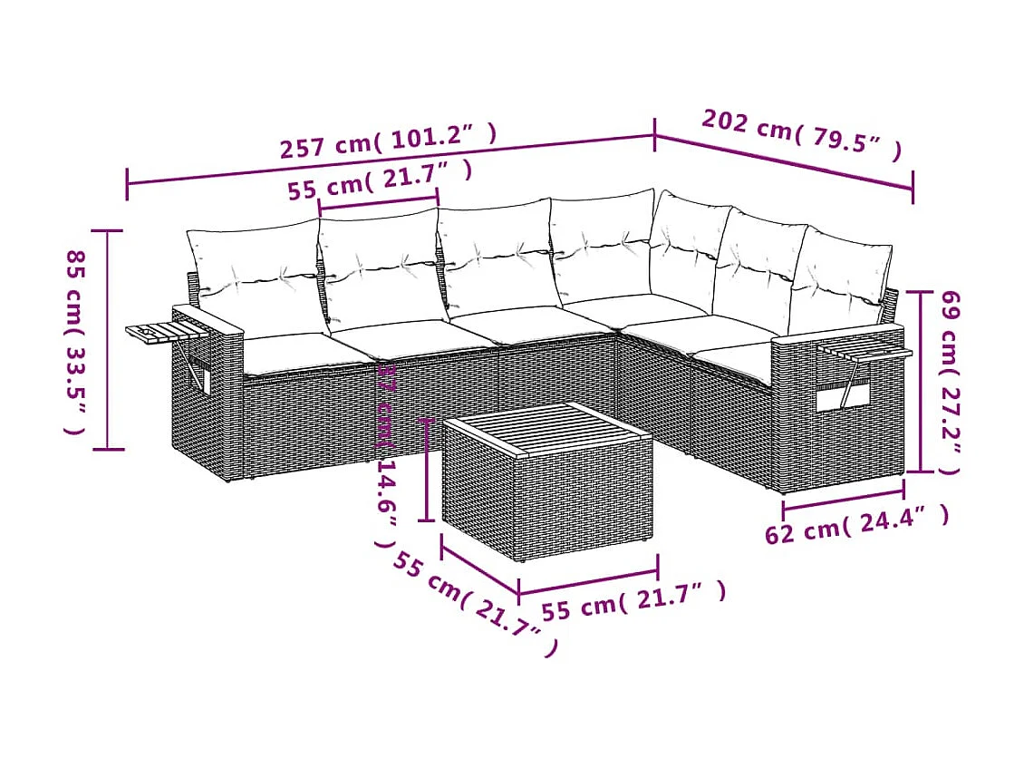 Salon de jardin avec coussins 7 pcs beige résine tressée